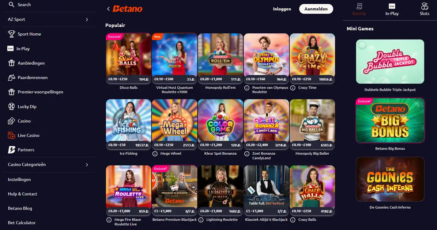 Afbeelding van de officiële Belgische Betano live-casino interface met live dealer-content zichtbaar