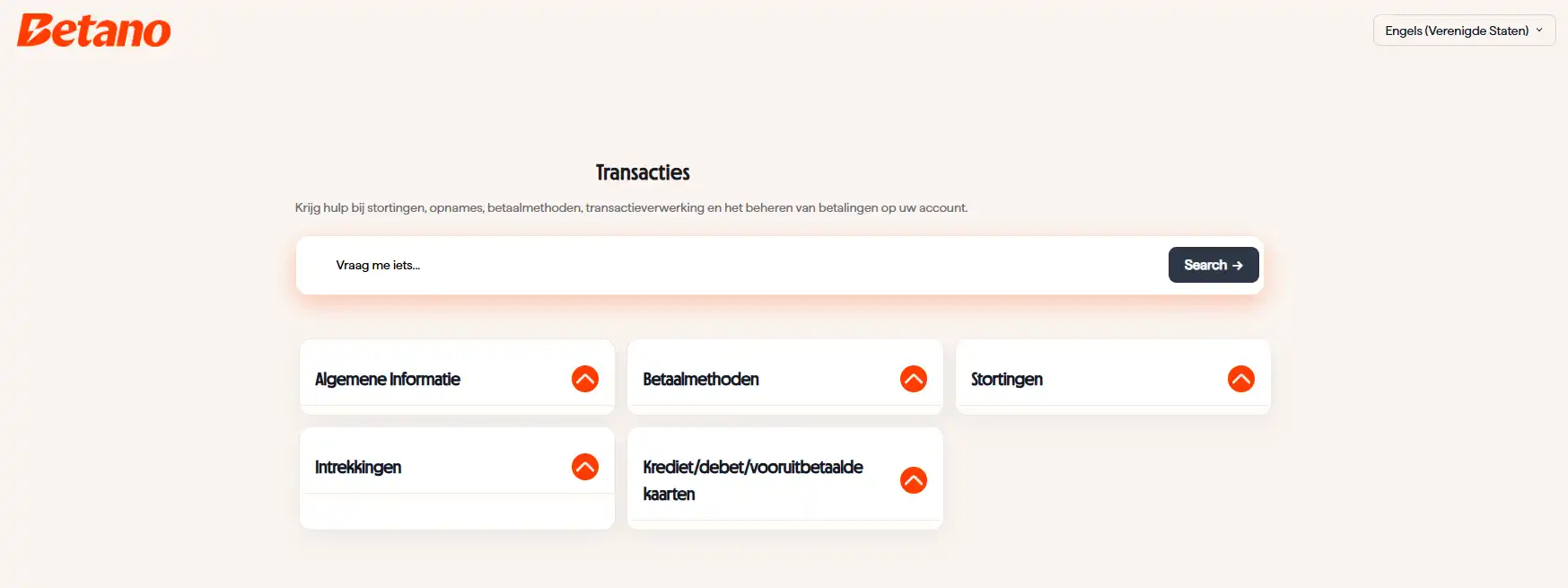 Afbeelding van de officiële Betano Transactions en Payment Methods helpomgeving