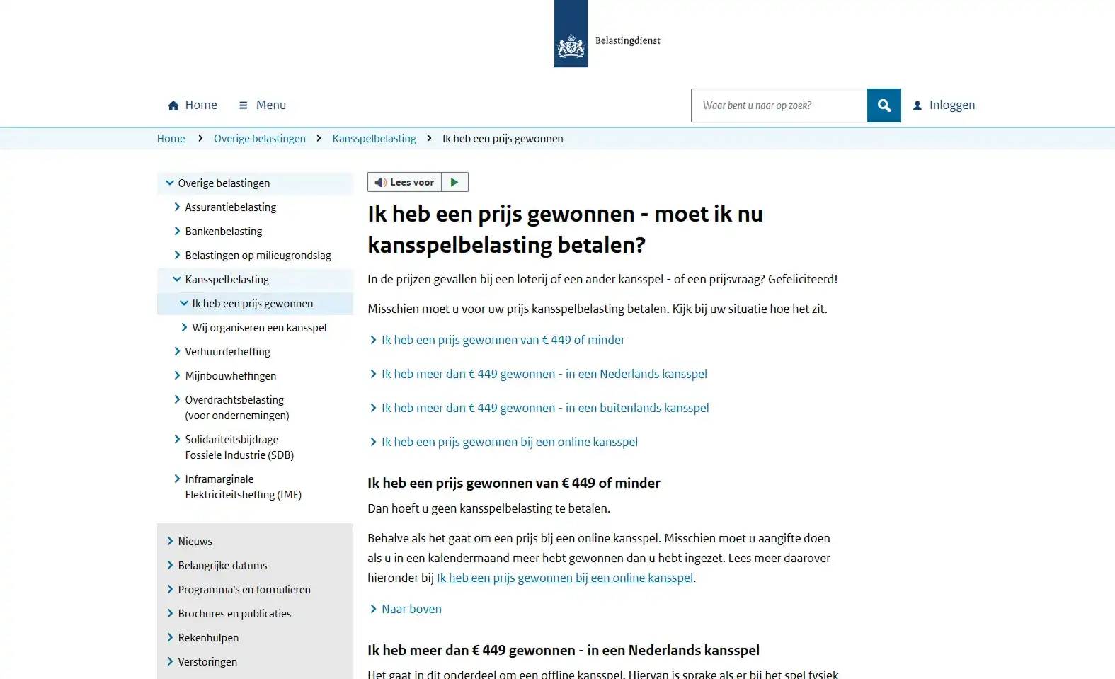 Belastingdienst-pagina met uitleg over kansspelbelasting bij online kansspelen