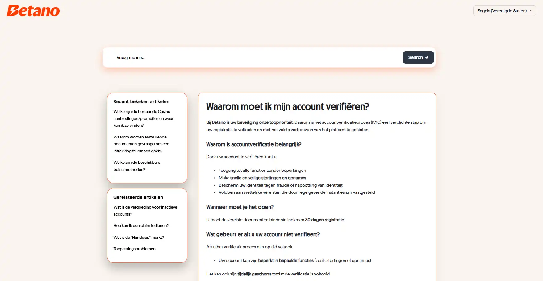 Afbeelding van de officiële Betano helpbron over accountverificatie en KYC