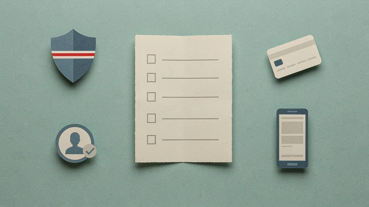 Neutrale checklistillustratie voor licentie, betalingen, KYC en mobiel gebruik